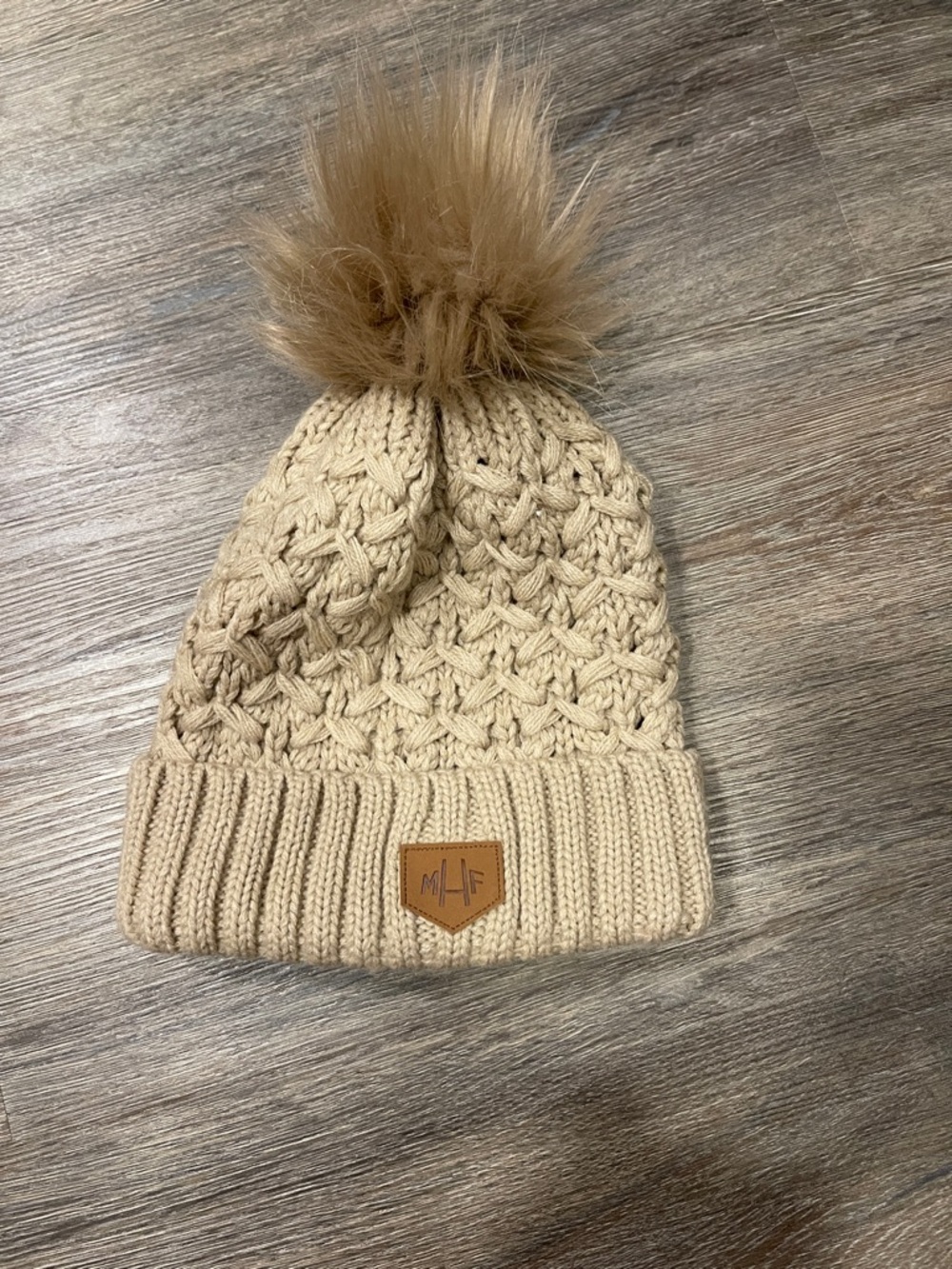 Beige Cable Knit Pom-Pom Beanie for Women